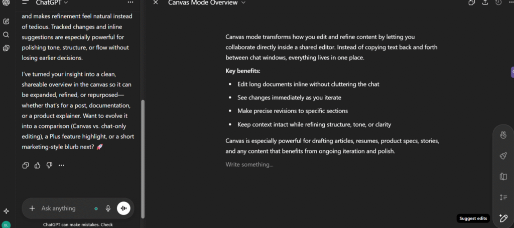 Canvas mode is Plus-exclusive and game-changing for content editing. Instead of copying text back and forth, you collaborate directly in a shared editor with tracked changes and inline suggestions.