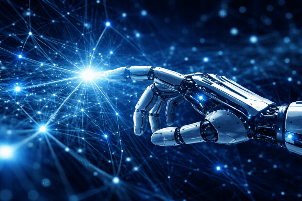 A robotic hand reaching into a digital network on a blue background, symbolizing AI technology.