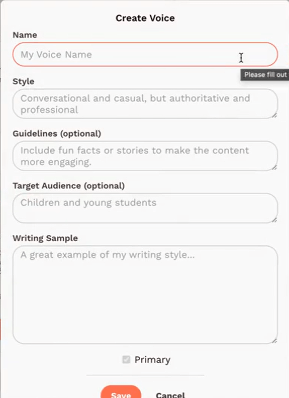 Rytr MyVoice custom tone training interface showing sample text input and voice profile creation