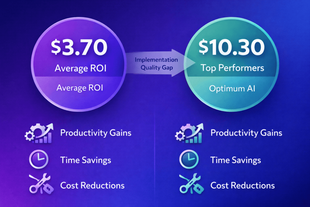 AI ROI comparison showing $3.70 average return vs $10.30 top performer return