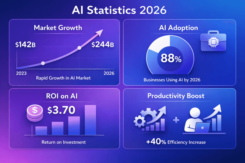 AI tools statistics 2026 comprehensive data visualization showing market growth, adoption rates, and ROI metrics