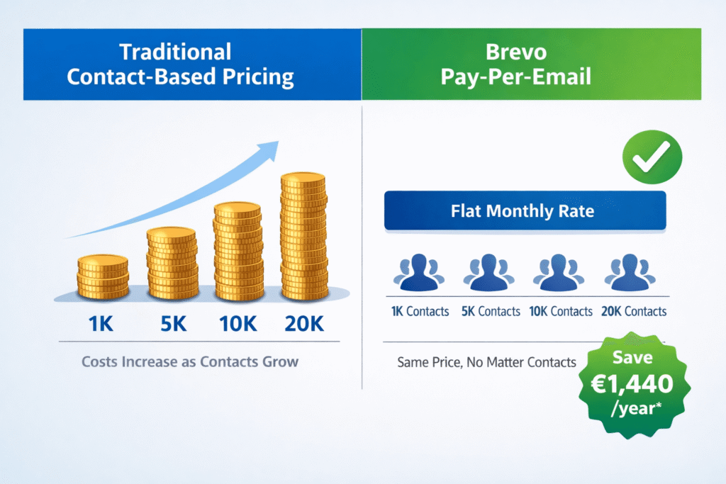 Brevo prijsvergelijking met pay per email model versus contact-gebaseerde prijzen met besparingsberekening