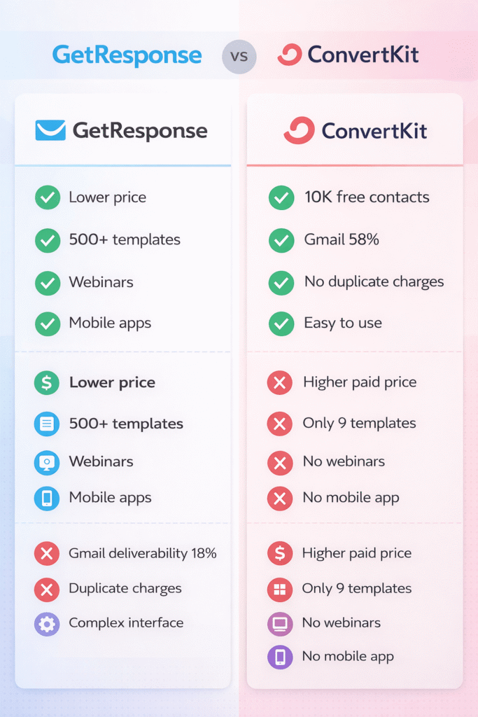 Visual pros and cons comparison showing GetResponse advantages and limitations vs ConvertKit