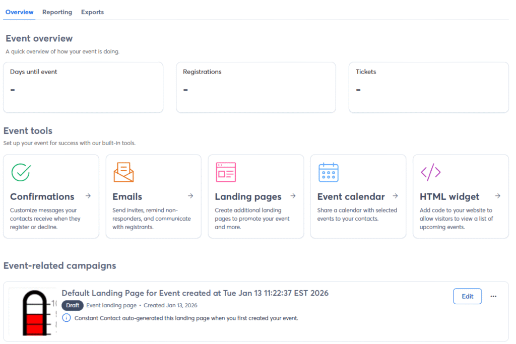 Constant Contact event management dashboard met RSVP tracking en aanwezige check-in interface