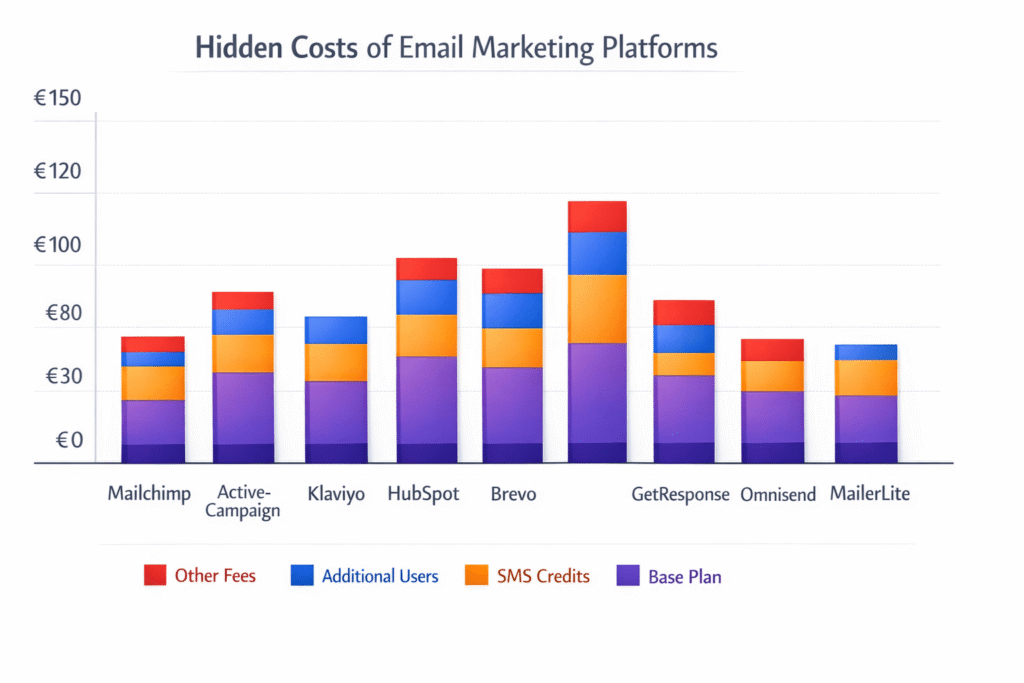 Data visualisatie die verborgen kosten vergelijkt over email marketing platforms inclusief SMS kosten, IP fees, gebruikerskosten en auto-upgrade beleid