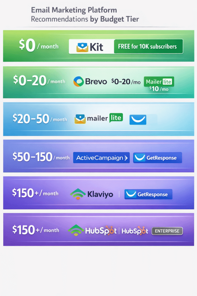 Visuele vergelijkingschart met beste e-mailmarketingplatform aanbevelingen georganiseerd per maandelijks budgetbereik van €0 tot €500+