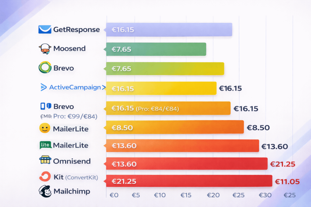 Visual pricing comparison of GetResponse alternatives showing monthly costs