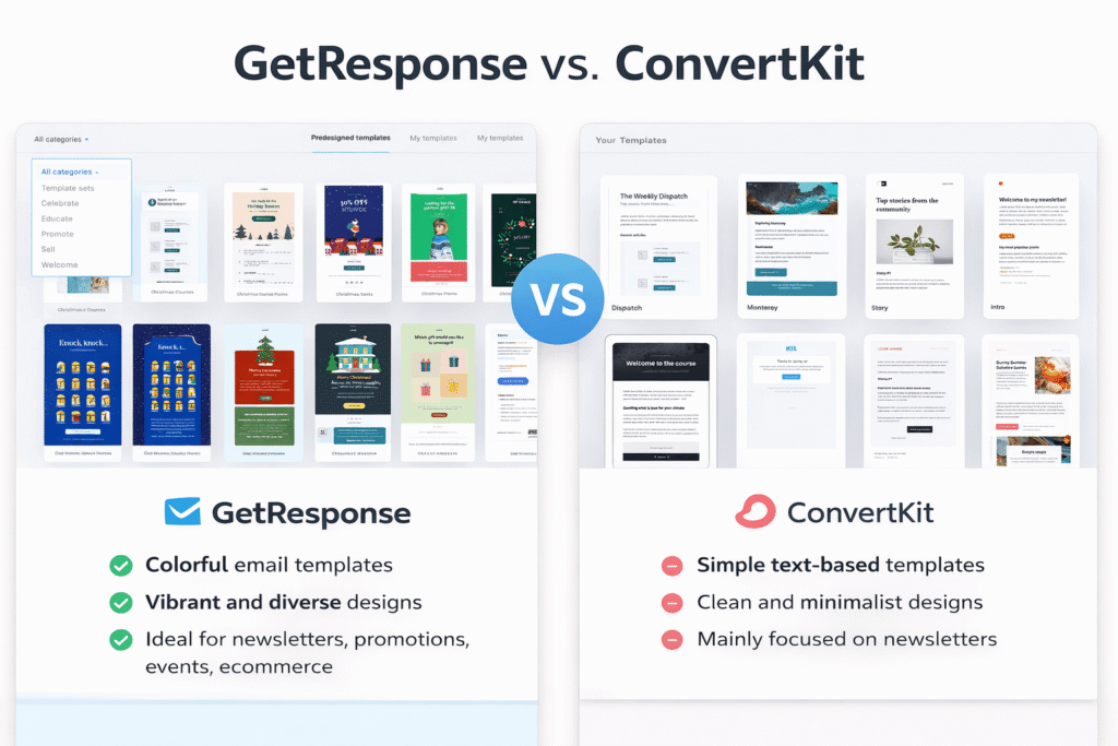 GetResponse colorful email template library vs ConvertKit's minimal text-based templates