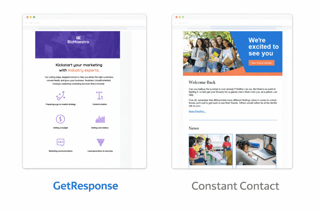 Email sjabloon voorbeelden van GetResponse en Constant Contact met kwaliteitsverschil in ontwerp