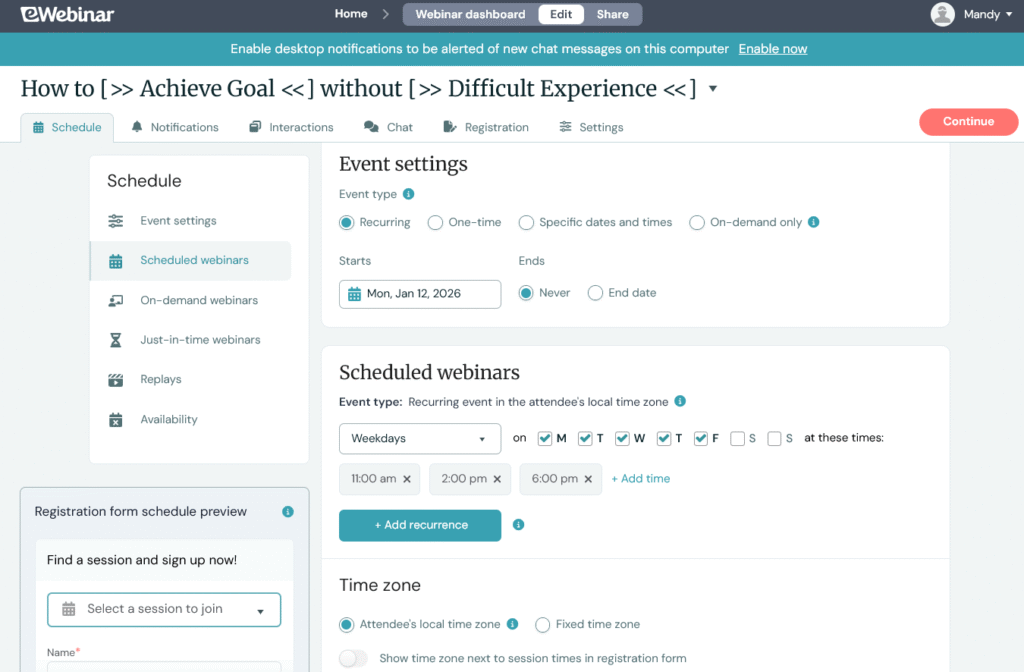 eWebinar geautomatiseerde webinar planning interface