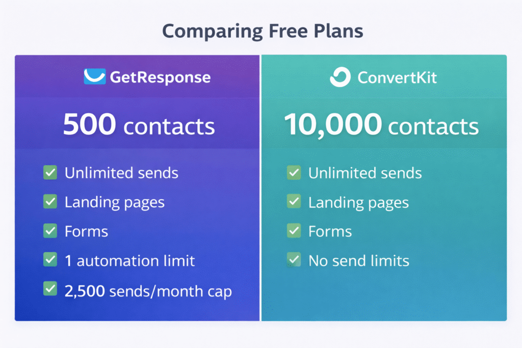 Visual comparison of GetResponse vs ConvertKit free plan features and limits