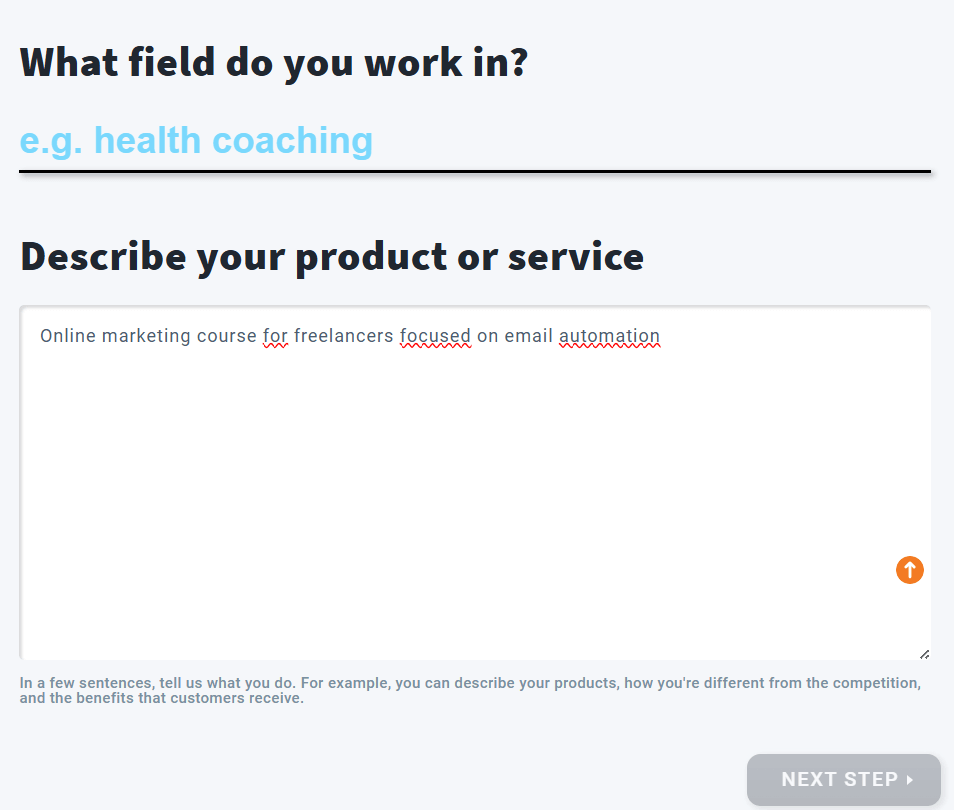 GetResponse AI landing page generator interface showing scenario input and industry selection