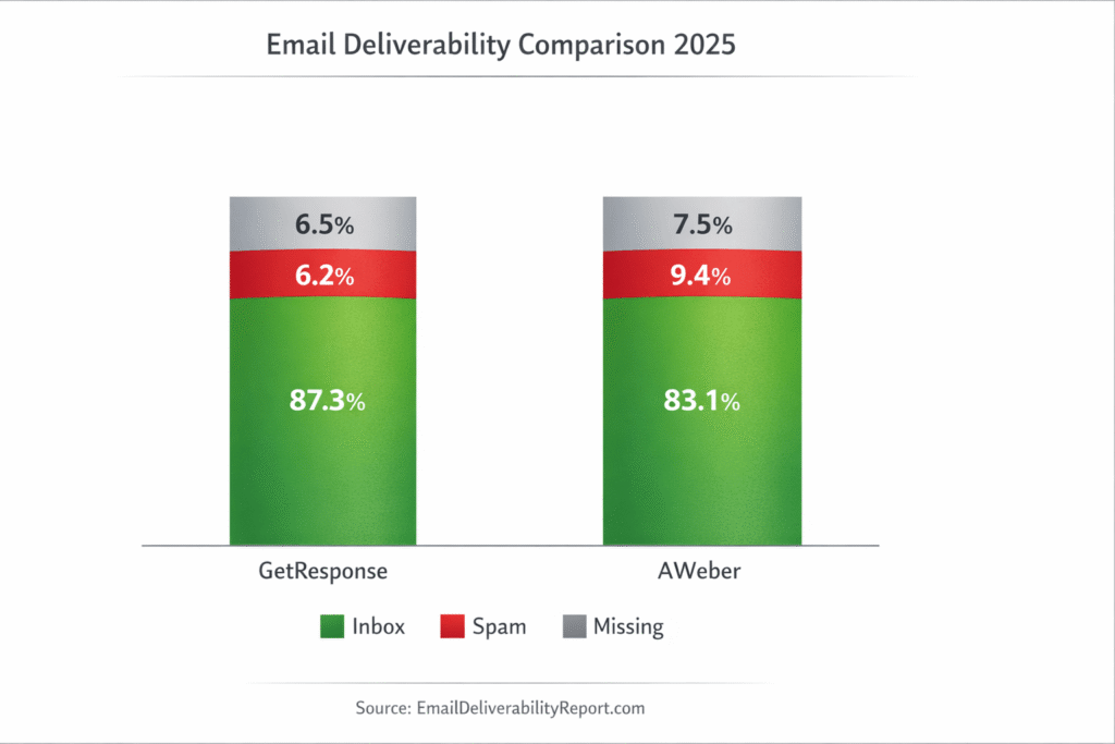 Bar chart comparing GetResponse 87.3% inbox rate vs AWeber 83.1% inbox rate with spam and missing percentages