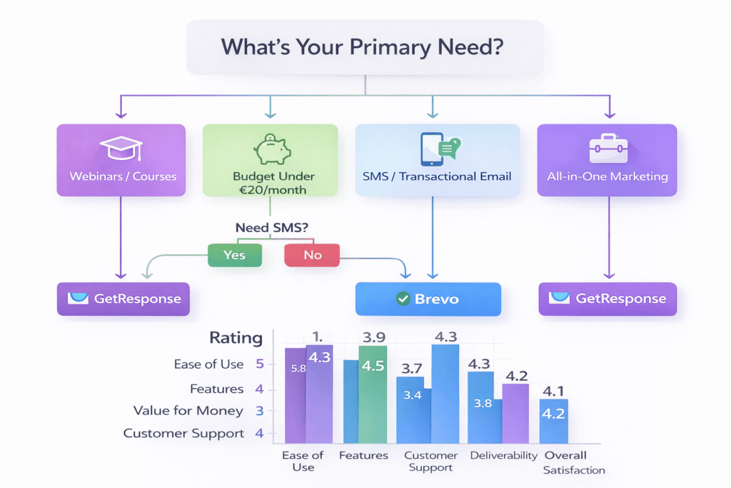 Decision flowchart helping choose between GetResponse and Brevo based on business needs
