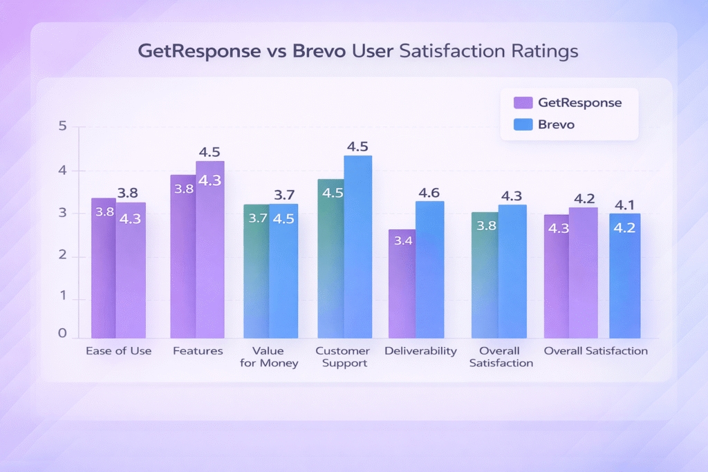 Bar chart showing GetResponse vs Brevo user satisfaction ratings across different categories