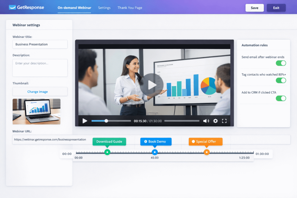 GetResponse interface showing on-demand webinar creation from live recording