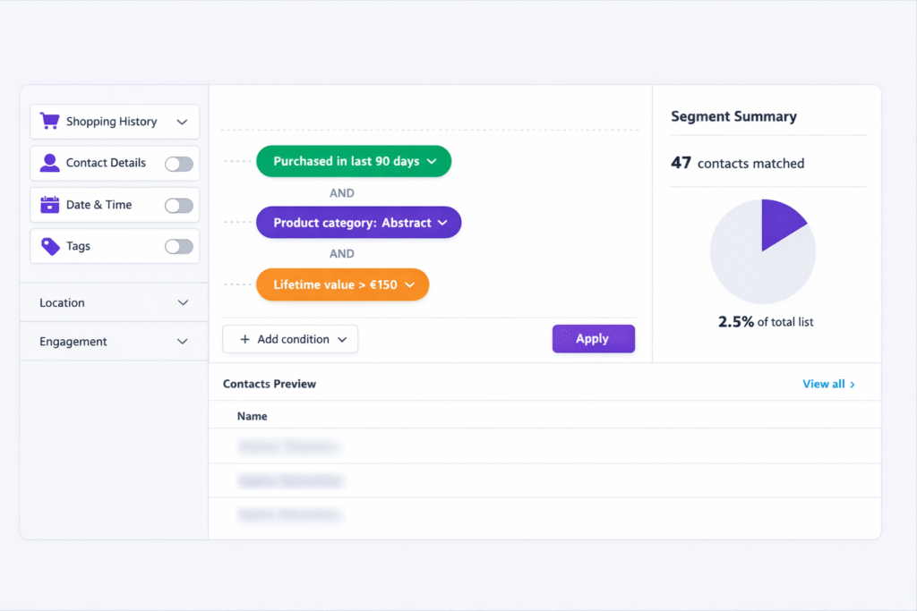 GetResponse segmentatie-bouwer met filters voor aankoopgedrag, winkelwagenwaarde en betrokkenheid met drag-and-drop interface