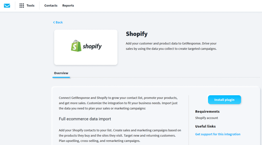 GetResponse Shopify integratie-setupscherm met one-click verbindingsproces met permissies en datasync-opties