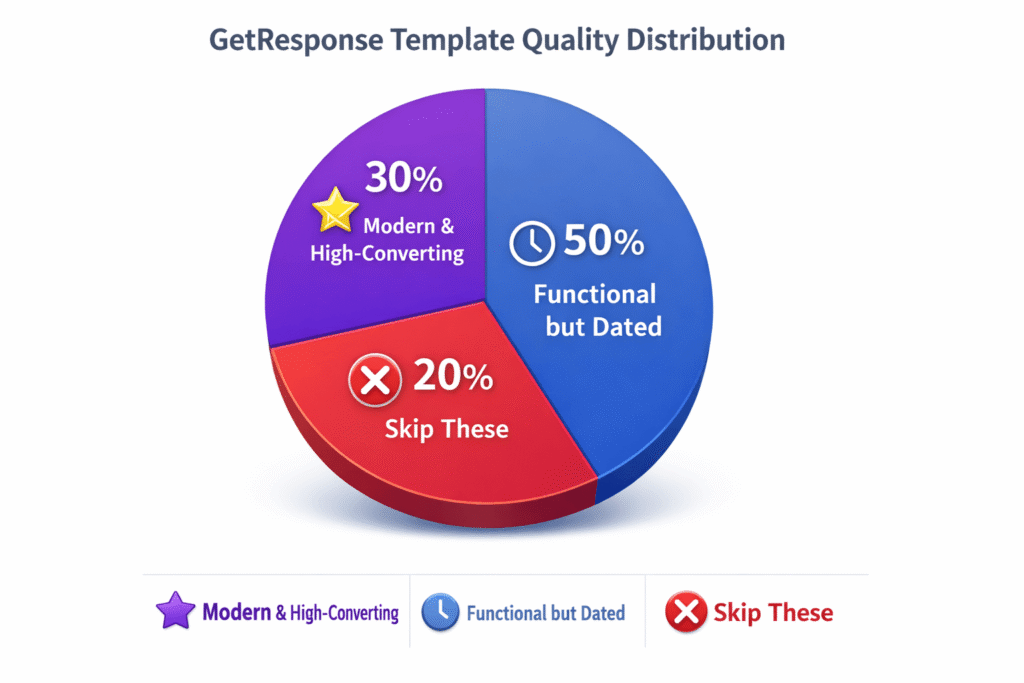 Visual breakdown of GetResponse landing page template quality showing Tier 1, 2, and 3 categories