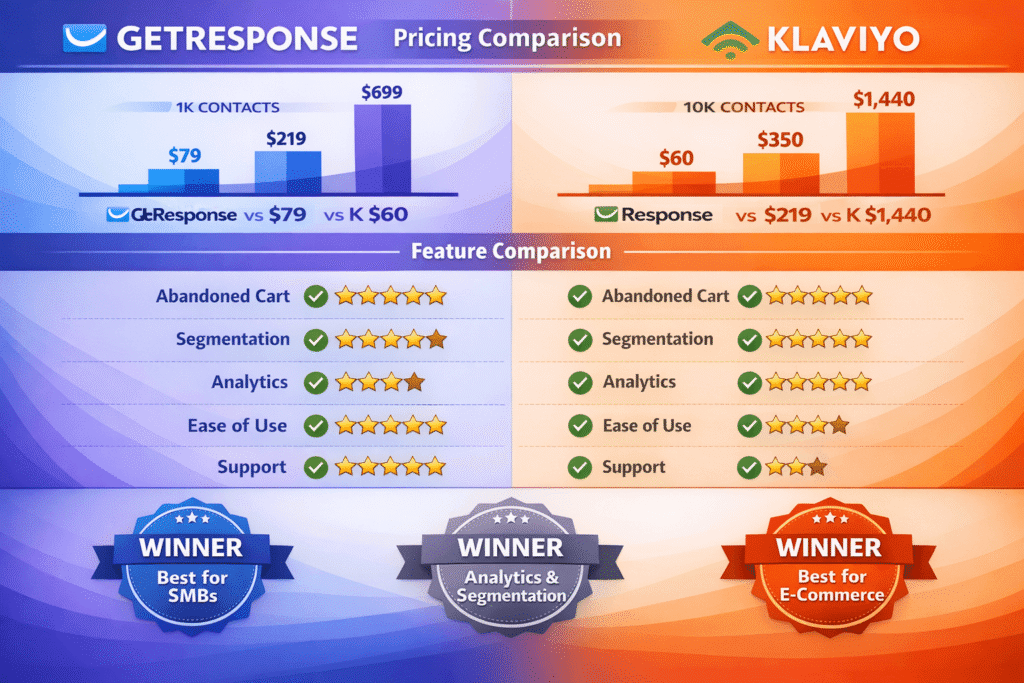 Zij-aan-zij functie- en prijsvergelijking tussen GetResponse en Klaviyo met kostenverschillen op schaal en functie trade-offs