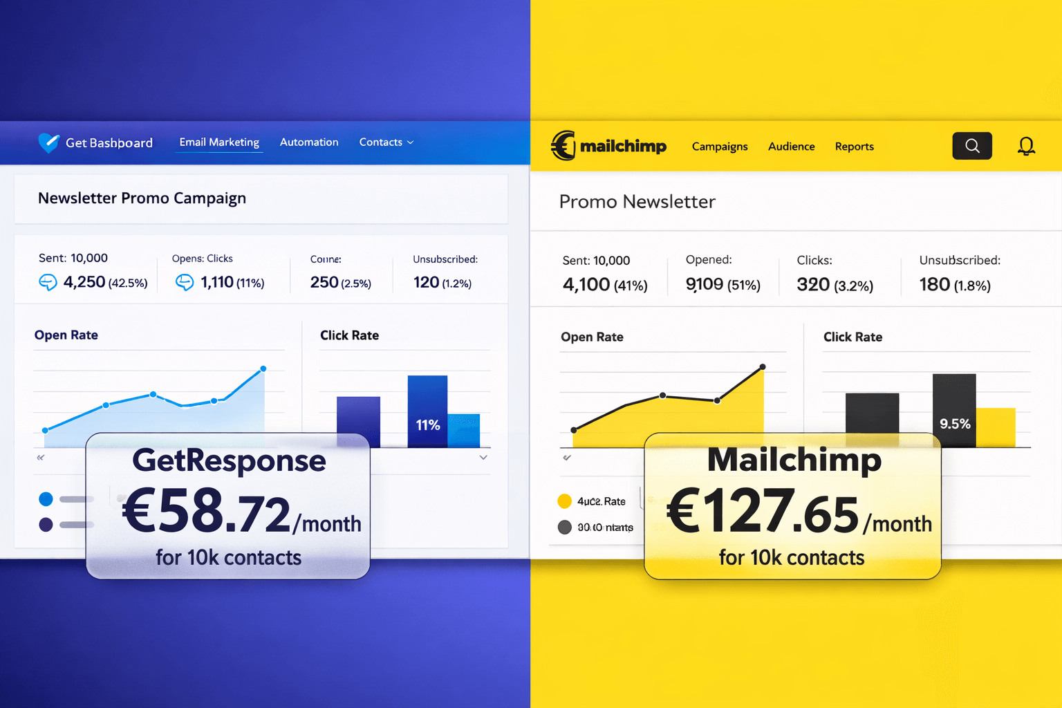 GetResponse vs Mailchimp comparison showing both platform dashboards side by side with pricing overlay