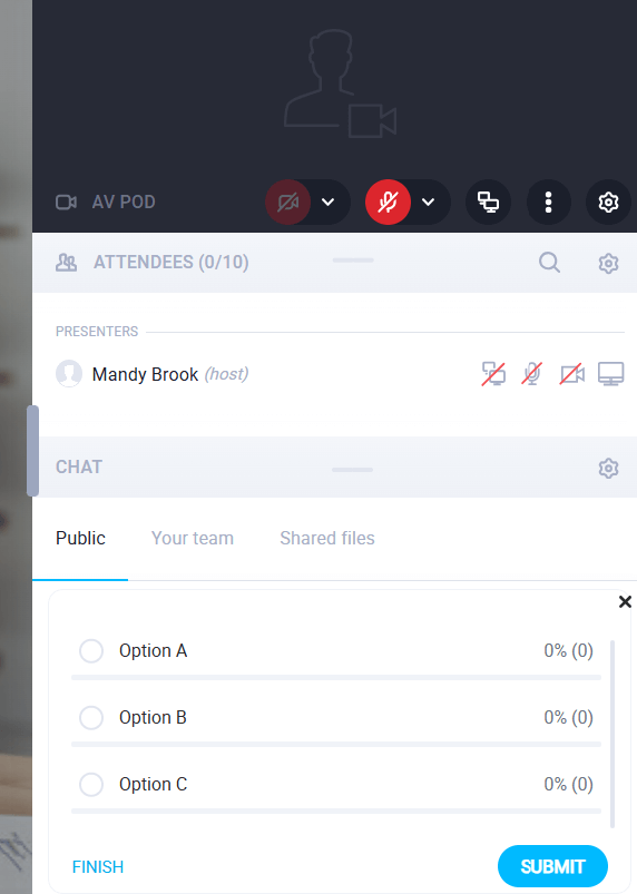 GetResponse webinar showing live poll results, chat messages, and presenter video simultaneously