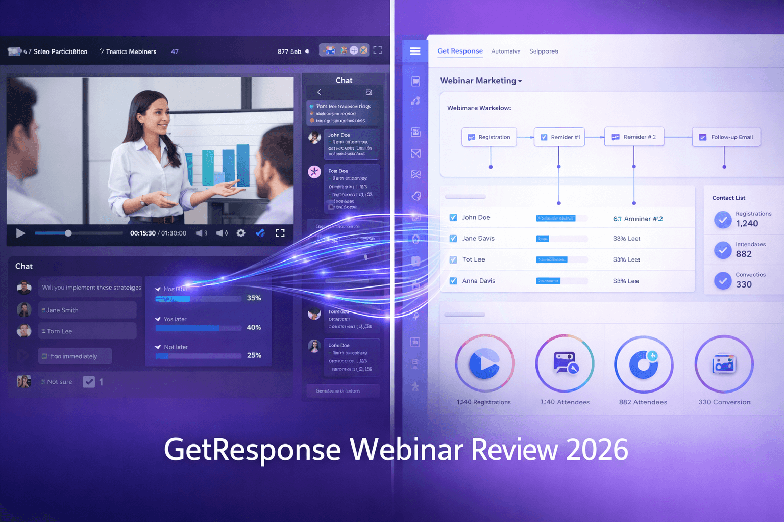 GetResponse webinar platform review showing live webinar interface integrated with email marketing automation dashboard