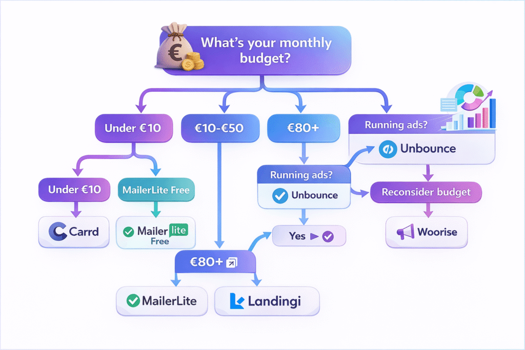 Landing page builder beslissingsstroomdiagram - welke tool te kiezen