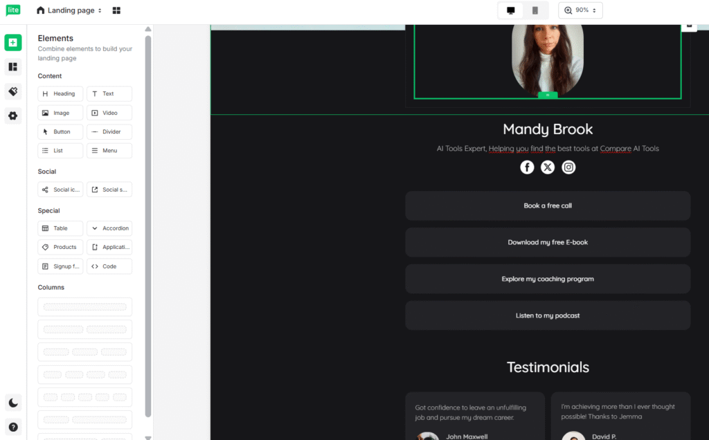 MailerLite landing page builder interface met drag-and-drop editor