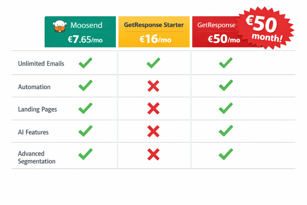 Moosend pricing comparison showing value versus competitors