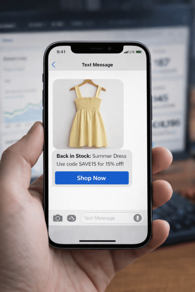 Omnisend SMS campagne voorbeeld met productafbeelding en kortingscode verzonden naar mobiele telefoon