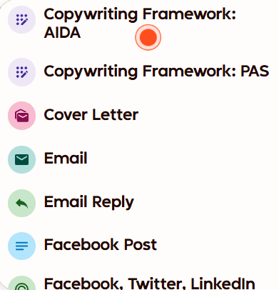 Rytr's 40+ content templates organized by category including blog writing, copywriting, and business use cases