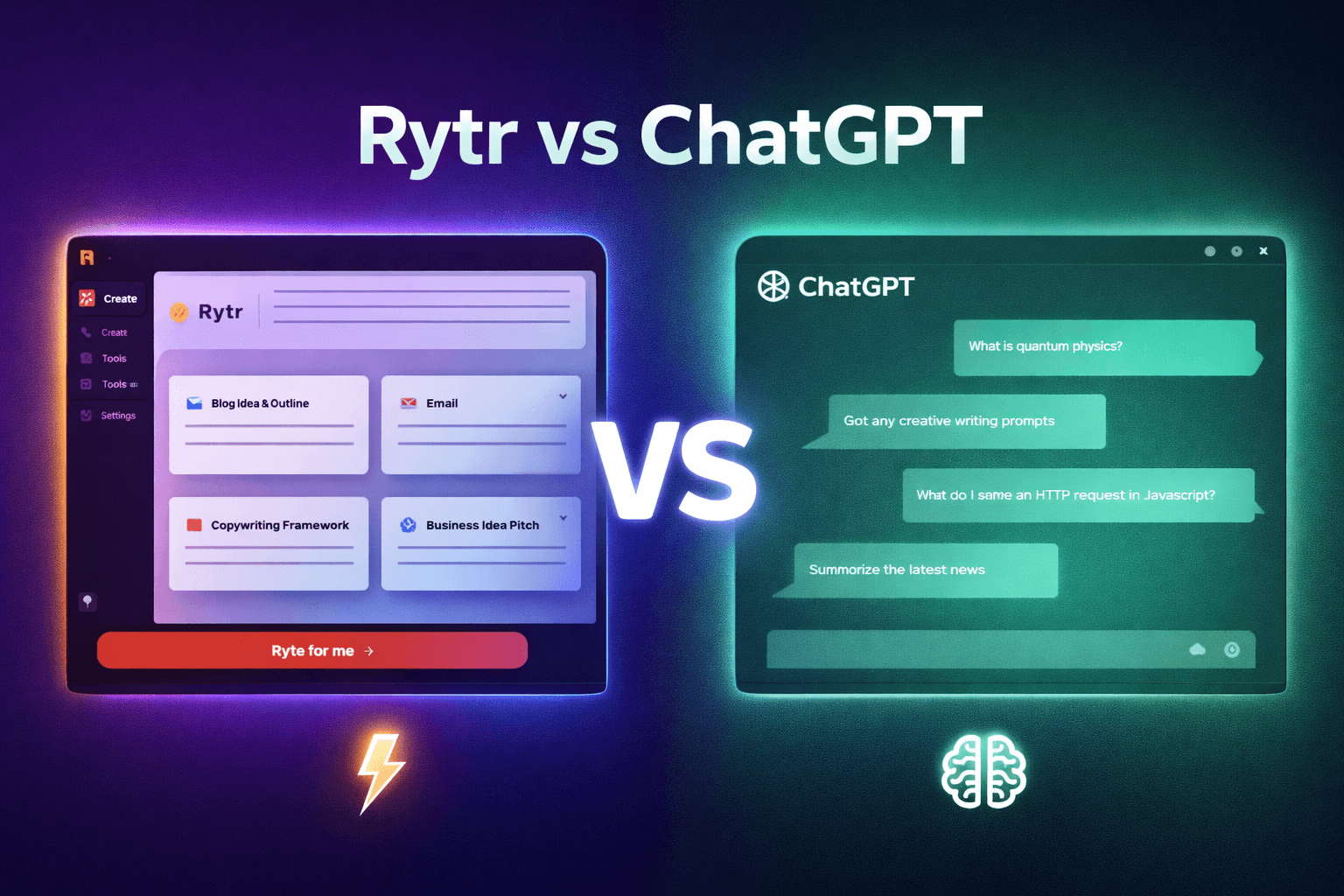 Rytr vs ChatGPT comparison 2026 - side by side interface comparison showing template-based workflow versus conversational AI