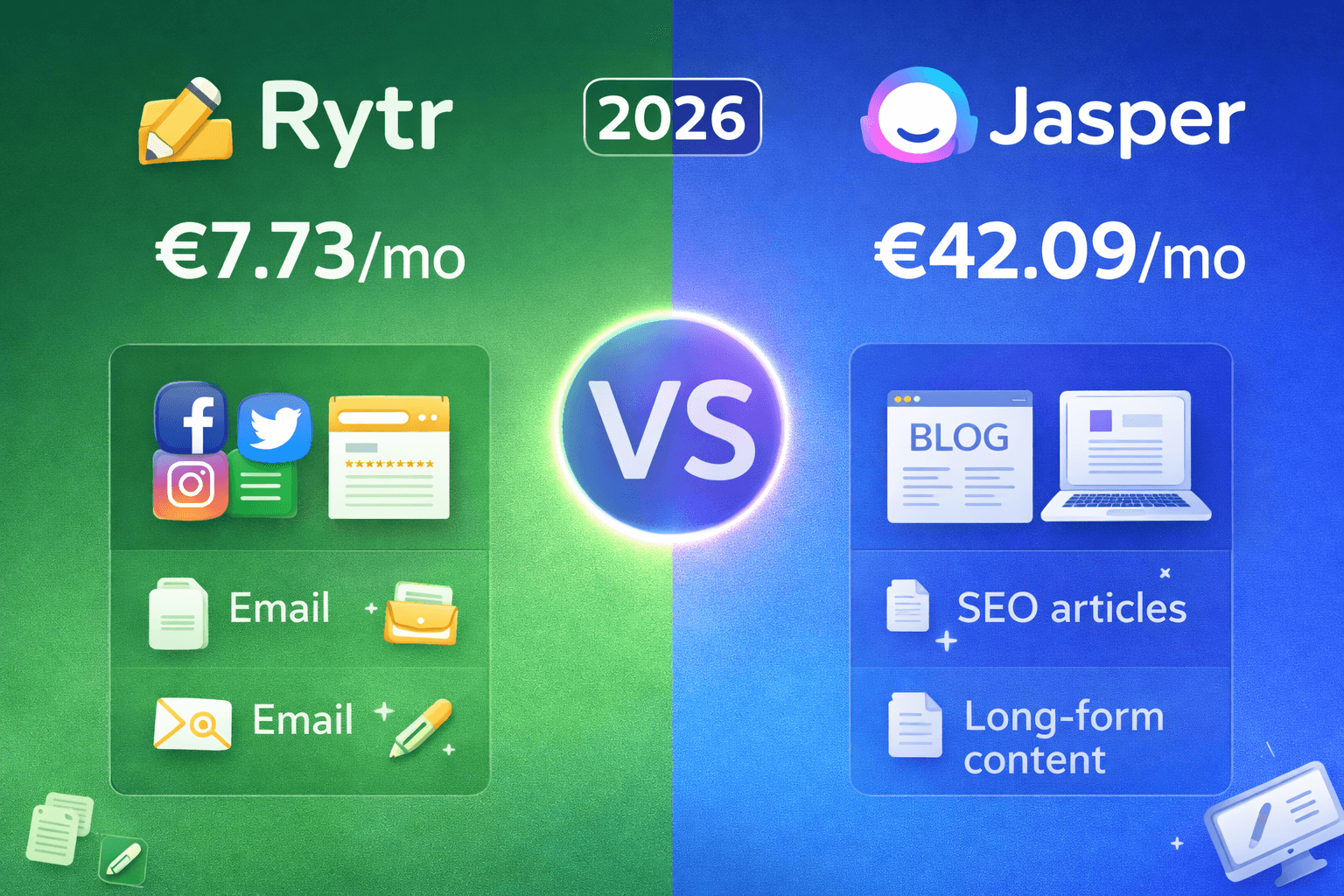 Rytr vs Jasper AI writing tools comparison 2026 showing pricing and best use cases side by side