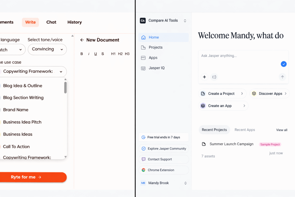 Rytr vs Jasper side-by-side interface comparison showing dashboard differences