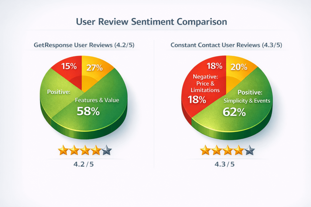 Cirkeldiagram met positieve vs negatieve review thema's voor GetResponse en Constant Contact