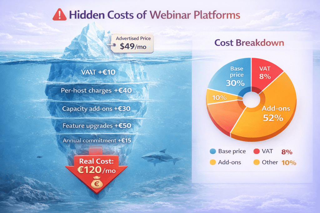 Webinar platform verborgen kosten overzicht infographic