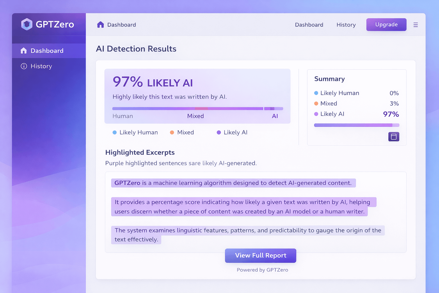 GPTZero AI detector dashboard showing 73% AI-generated score with sentence-level highlighting in green yellow and red