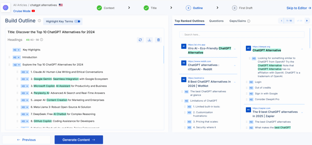 Scalenut outline builder showing competitor heading analysis with frequency indicators