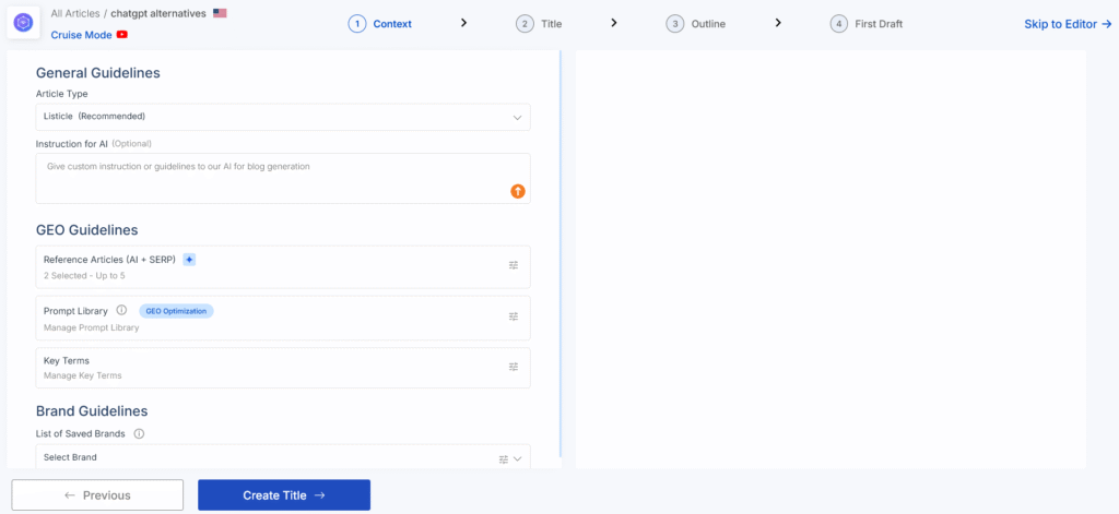 Capture of Scalenut's Cruise Mode dashboard during article generation