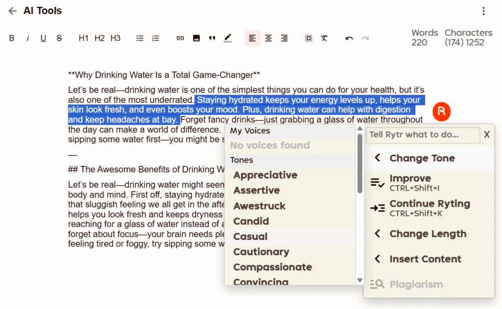Rytr text editing toolbar showing Improve, Rephrase, Expand, Shorten, and Continue Ryting options