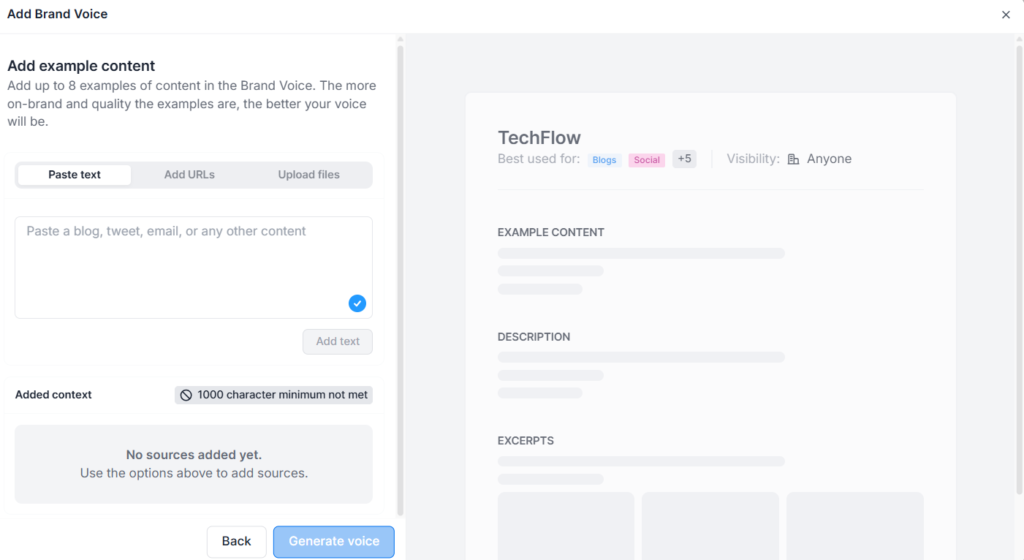 Screenshot of Jasper Brand Voice setup interface.
