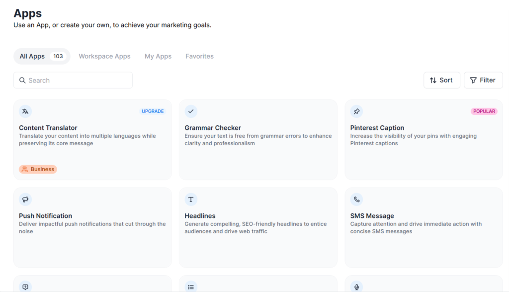 Screenshot of Jasper template library showing grid of 50+ content templates. Display categories with icons: 'Blog Posts' section with SEO Blog Post, How-to Article templates, 'Marketing Copy' section with Facebook Ads, Google Ads, Product Descriptions, 'Email' section with Welcome Sequence, Newsletter, Sales Email, 'Social Media' section with LinkedIn Post, Instagram Caption, Twitter Thread, 'Website' section with Landing Page, About Us, Meta Descriptions. Each template card shows icon, name, and one-line description. Purple gradient interface, modern template gallery design, professional SaaS aesthetic with clean grid layout.