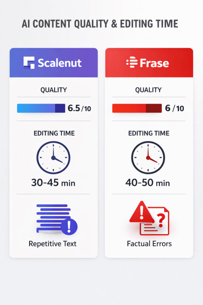 Bar chart showing Scalenut requires 37 min editing vs Frase 42 min, with quality scores 6.5 vs 6.0