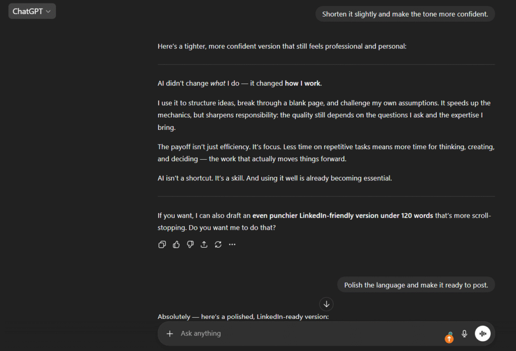 Clean screenshot of ChatGPT interface showing conversation flow. Display 4-5 chat bubbles: user messages in light gray boxes on left, ChatGPT responses in white/light green boxes on right. Show conversation about writing LinkedIn post with iterative edits. Include ChatGPT logo, message input box at bottom with 'Message ChatGPT' placeholder. Model selector dropdown showing 'GPT-5.2'. Clean white background, modern minimalist design, professional 2026 interface aesthetic. Realistic software UI.