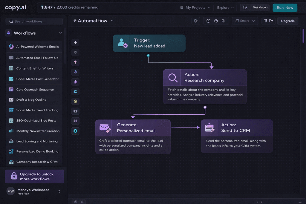 Copy.ai workflow builder interface showing complex automation setup with multiple steps