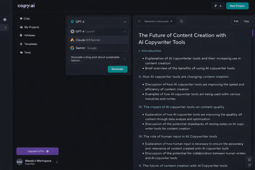 Copy.ai interface showing model selector with GPT-4, Claude 3.5 Sonnet, and Gemini options