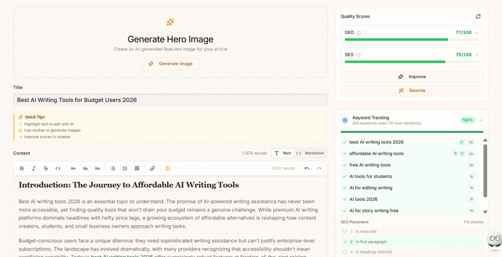 Frase AI writer generating content with optimization score visible