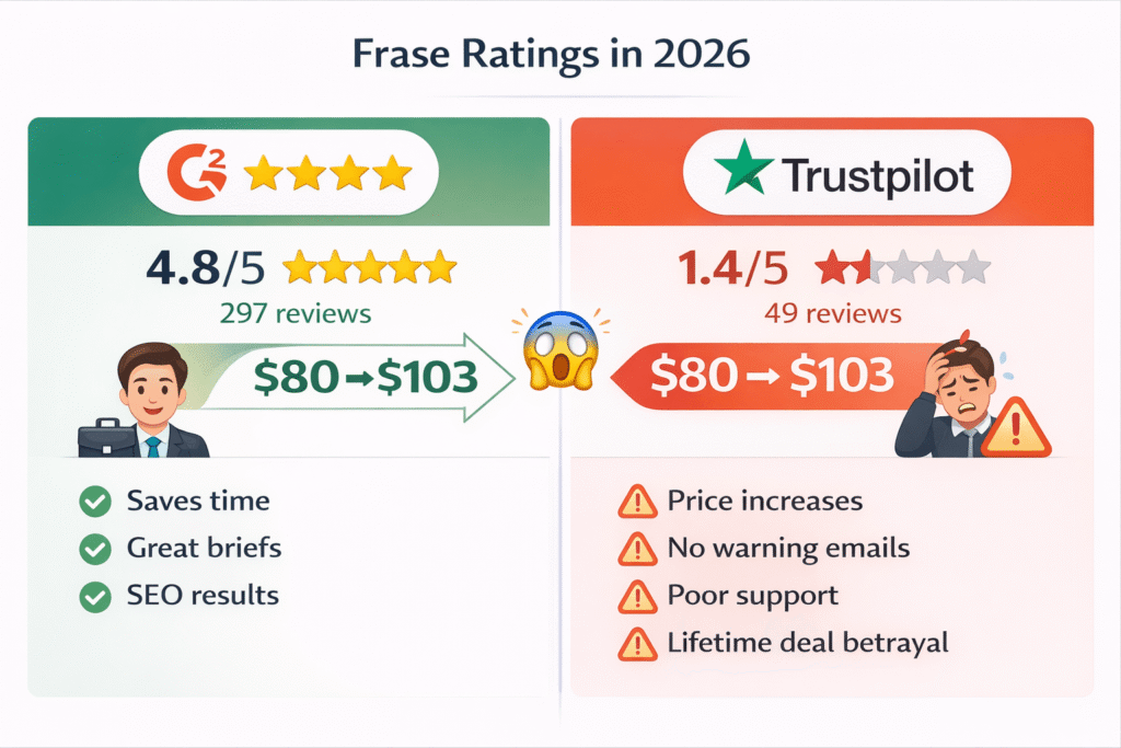 Frase ratings comparison showing G2 4.8 stars vs Trustpilot 1.4 stars with price increase controversy