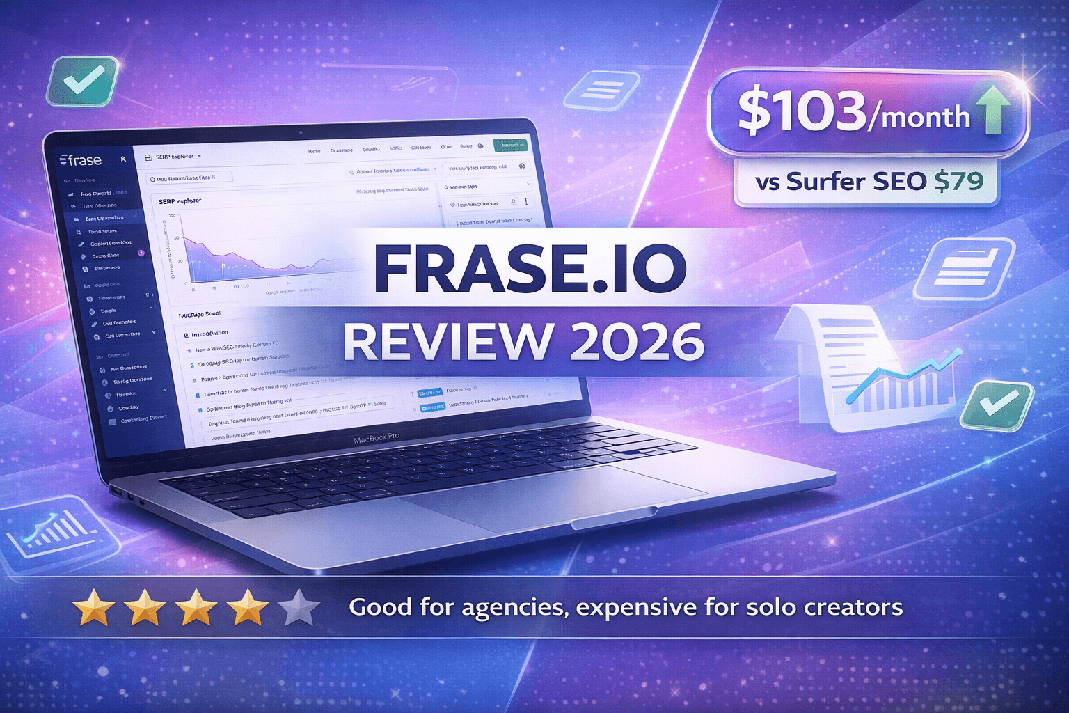 Frase.io review 2026 featured image showing pricing comparison with Surfer SEO and 3 out of 5 star rating